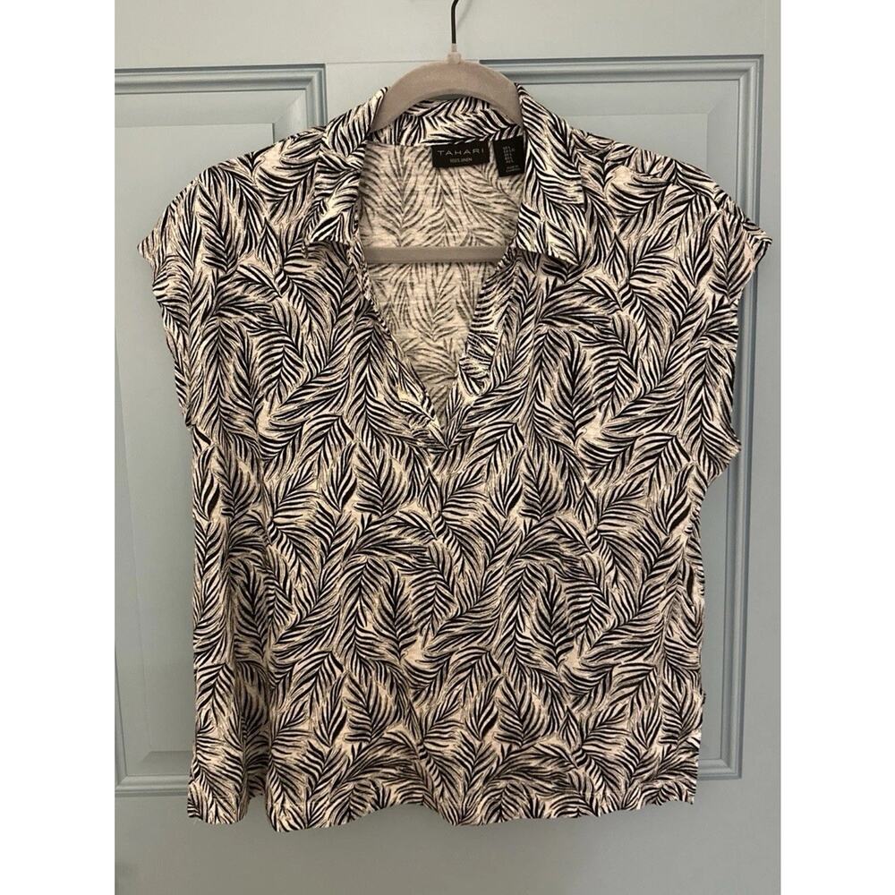 Tahari 100% Linen Blouse Top Black Palm Leaf Tropical Drop Shoulder V Neck L